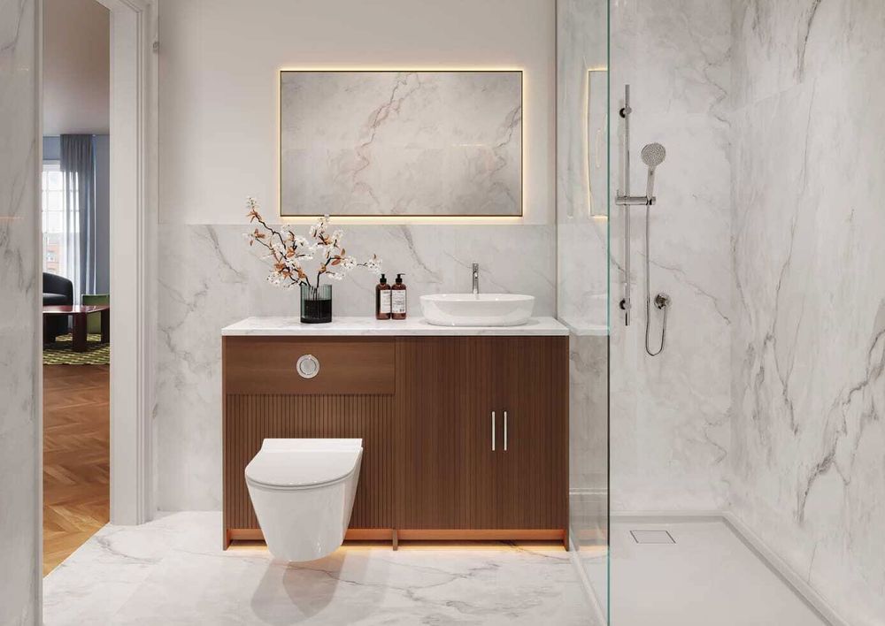 Bathroom with porcelain marble-effect tiles and walnut vanity