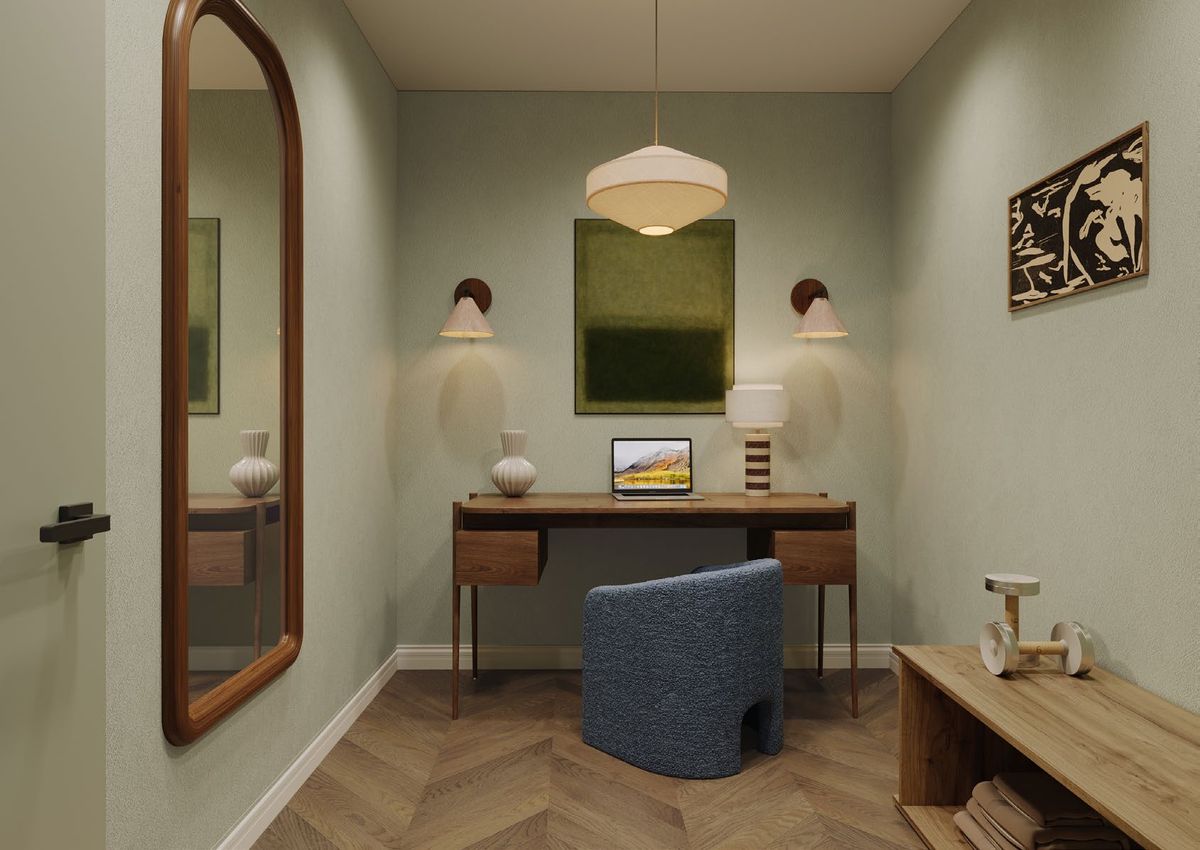 Study nook with desk and arched mirror